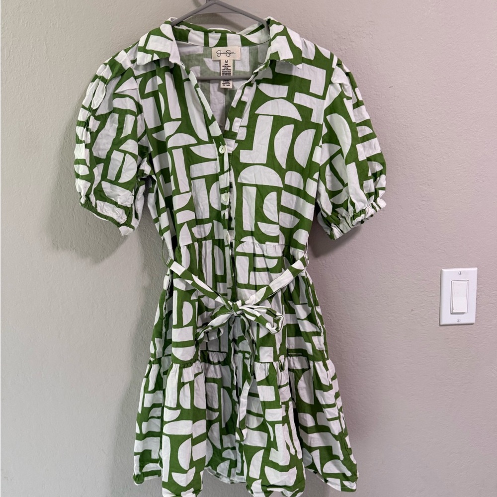 Jessica Simpson Green & White Belted Shirt Dress – Size M